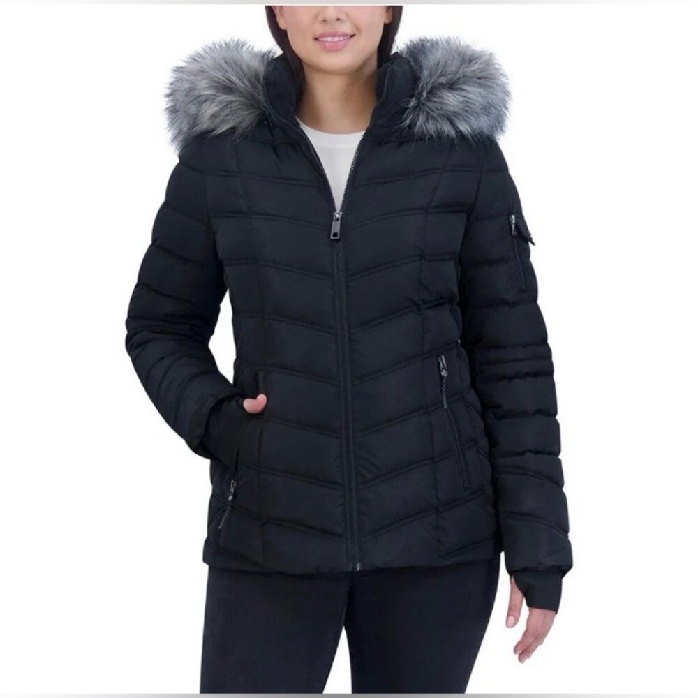 Nautica Ladies’ Water-Resistant, Faux Fur Hooded Jacket, Black, Size Large NEW